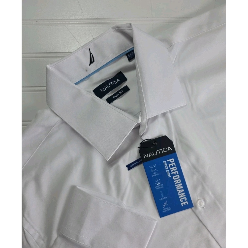 Nautica Men's Performance Slim Fit Dress Shirt, White, L (16-16.5) LS NWT